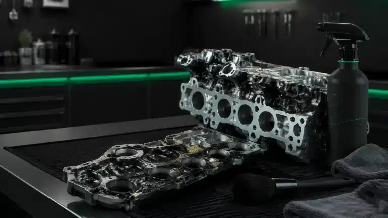 Piezas de aluminio limpias y con carbonilla junto a limpiador técnico