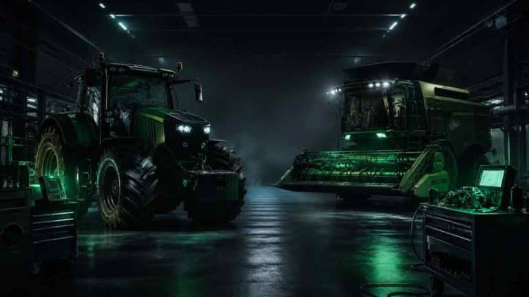 Tractor y cosechadora con sistema AdBlue SCR en taller técnico
