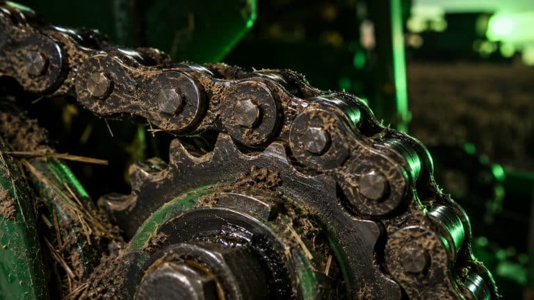Cadena de transmisión de maquinaria agrícola con barro y restos de paja sobre la rueda dentada