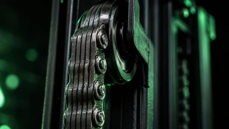 Cadenas de placas del mástil de una carretilla elevadora pasando por la polea