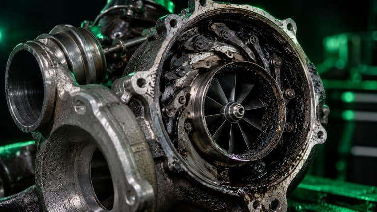 Turbo seccionado mostrando los álabes de la geometría variable cubiertos de carbonilla